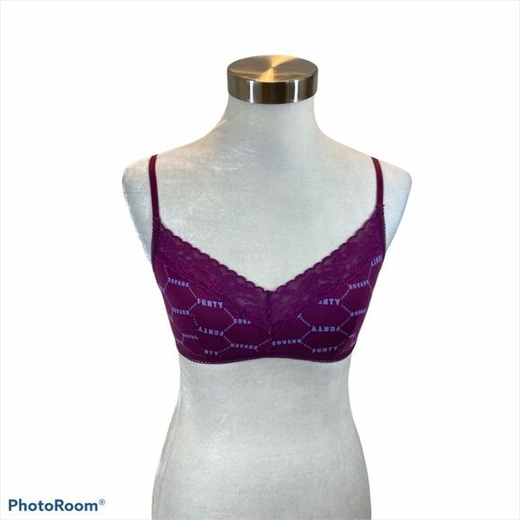 Savage X Fenty Unlined Lace Trim Logo Bra Small - Picture 2 of 9